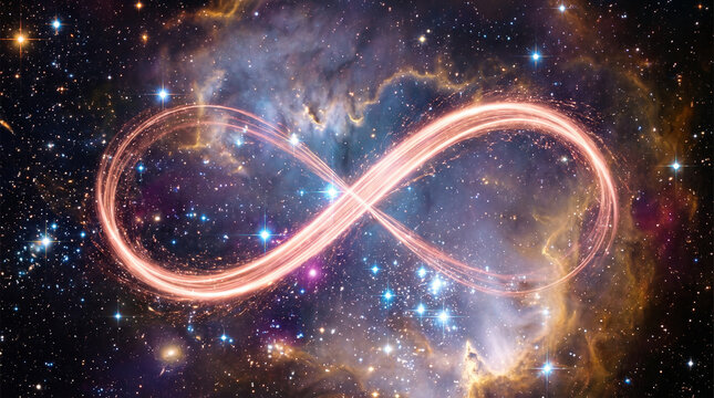 Rose gold starlight infinity loop glowing in deep space, a luminous endless symbol of light trails surrounded by stars and colorful nebula