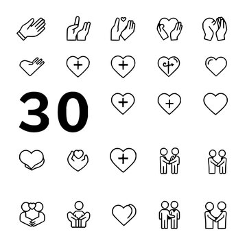 Icon set with simple black and white line icons arranged in a 6x5 grid featuring hands, crosses, hearts with unity and care