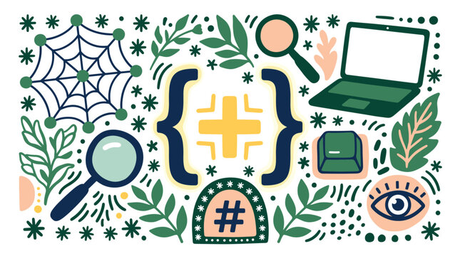 Coding and technology vector icons with laptop, magnifying glass and hashtag for web design in colorful illustration style