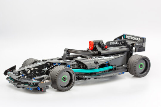 LEGO Technic Mercedes-AMG Formula One racing car construction kit closeup.