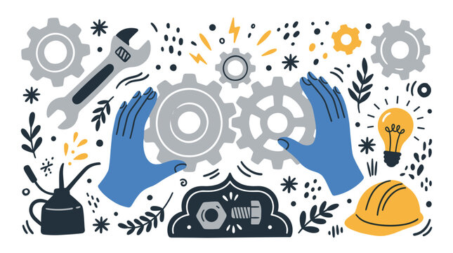 Industry and mechanics concept icons with gears, wrench, hands for infographic design in minimal flat illustration style