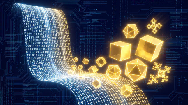 Waterfall of binary code flowing into glowing golden geometric shapes, digital data stream with cubes and fractals on a circuit board