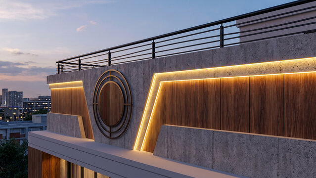Elegant Wood & Concrete Parapet
"Contemporary rooftop parapet wall combining exposed concrete texture, walnut wood finish panels, indirect golden LED illumination, decorative circular feature, black m