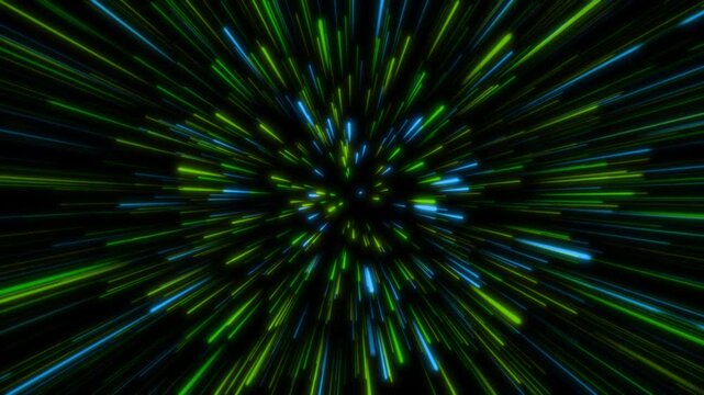 Glowing green and blue neon light lines zooming forward into deep space tunnel with bright speed trails explosion, sci-fi vfx background animation.