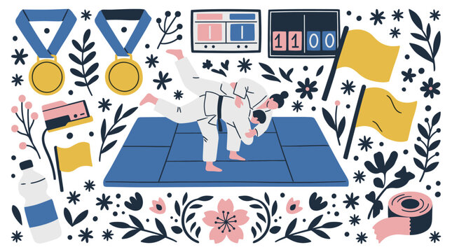Sports and martial arts design icons with medals, flags and scoreboard for sports event branding in colorful style