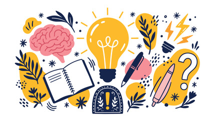 Fototapeta premium creative thinking and education concept icons with brain, light bulb and notebook for learning presentation in colorful doodle style