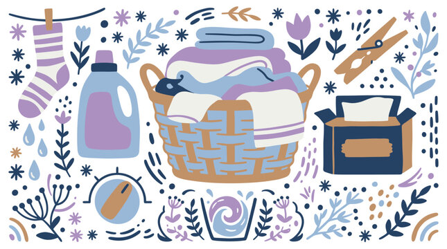 Laundry and home care design icons with detergent, basket and clothespin for print design in colorful illustration