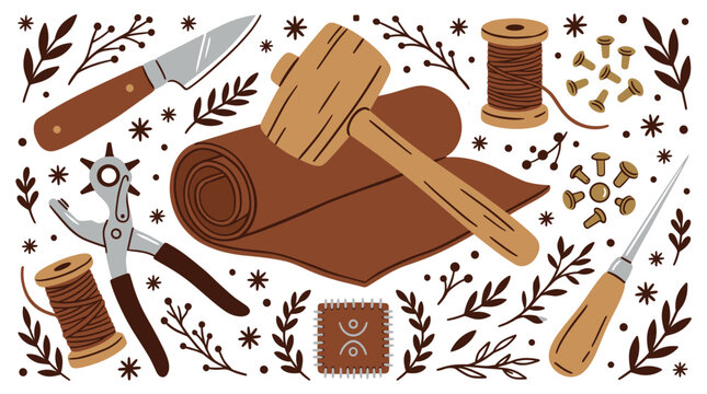 Leather crafting and sewing concept icons with mallet, knife and thread spool for print design in hand drawn illustration