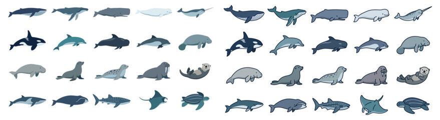 Naklejka premium Cute Cartoon Marine Animals And Sea Creatures Icon Set Featuring Whales, Seals, Dolphins, And More