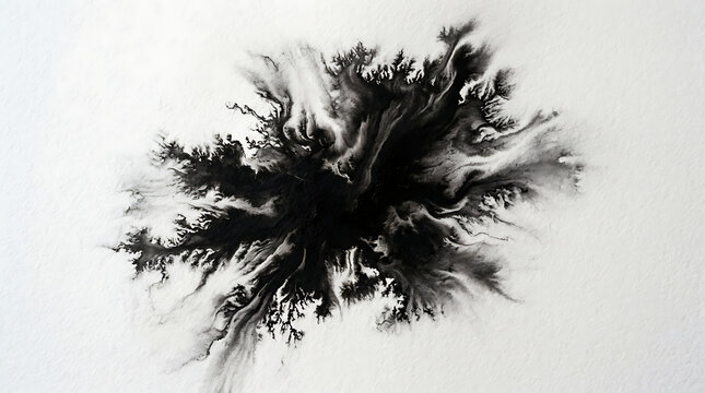 Black Ink Cloud Spreading on White Textured Paper. Abstract Fluid Art Background.