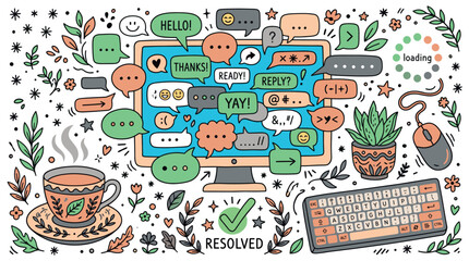 Fototapeta premium Communication and chat vector icons with speech bubbles, computer, keyboard for web design in colorful illustration