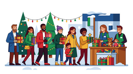Diverse people donating christmas gifts and toys for charity in snowy outdoor setting
