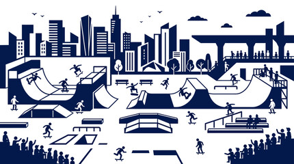 Skatepark Scene: Cityscape Silhouette with Skateboarders Performing Tricks © Muji