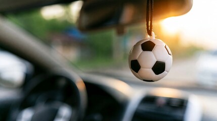 Car interior with a small soccer ball ornament swinging from the rearview mirror, blurred dashboard, natural sunlight