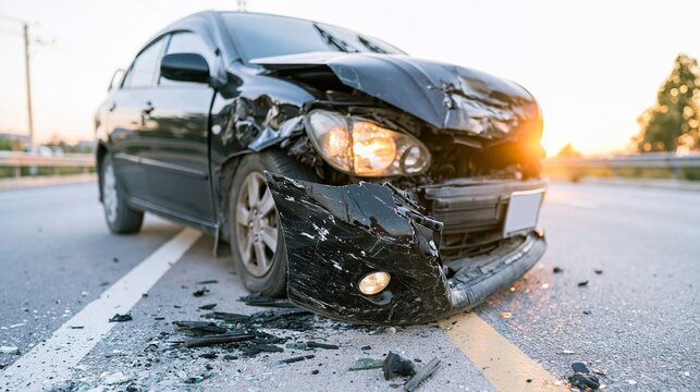 Black car extensively damaged after traffic collision on roadway at sunset, with broken bumper and shattered debris