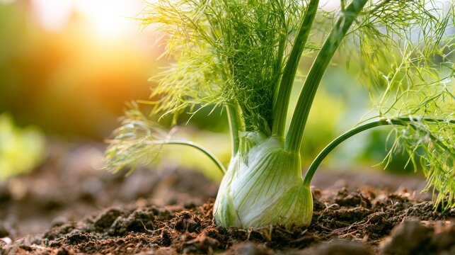 Fennel bulb growing in rich garden soil, vibrant green leaves illuminated by warm morning sunlight, harvest concept