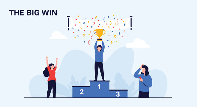 Proud champion stands on the first place podium raising a golden trophy high as confetti falls and competitors react.
