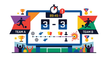 Soccer Match Scoreboard: 3-3 Tie, 89:45 Minutes, Team A vs Team B, Fans Cheering © pejuangibudanistri
