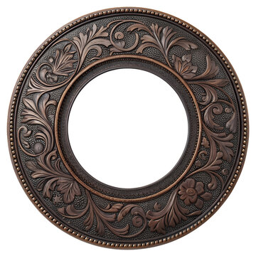 Ornate circular bronze frame with intricate floral carvings isolated on white.