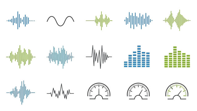 Collection of various sound wave forms, audio spectrum analyzers, and analog volume meters illustrating sound technology and measurement concepts.