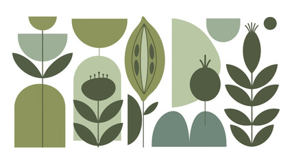 Abstract Mid-Century Modern Botanical Illustration with Geometric Shapes and Organic Forms in Muted Green Tones. © Karyo
