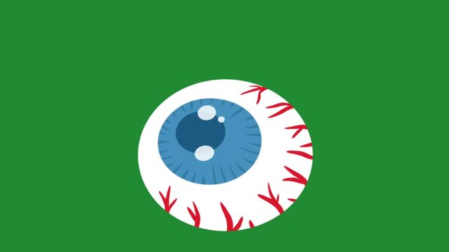 Scary bloodshot eyeball with blue iris cartoon animation on a green screen chroma key background asset
