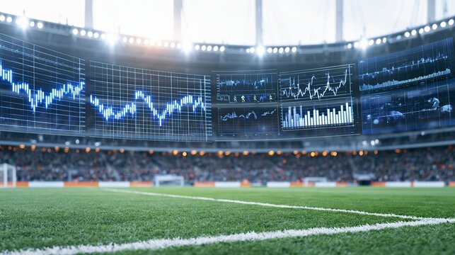 Futuristic football stadium displaying glowing blue financial charts, sports performance graphs, and digital analytics