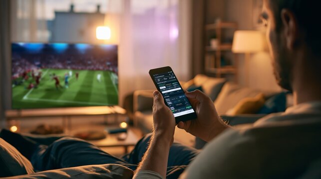 Man at home watching football on TV, simultaneously using smartphone for online sports betting and gambling