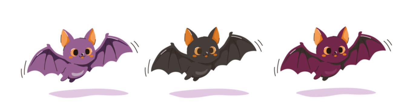 Cute bat in various colors. Halloween concept. Flat vector illustration on a white background.
