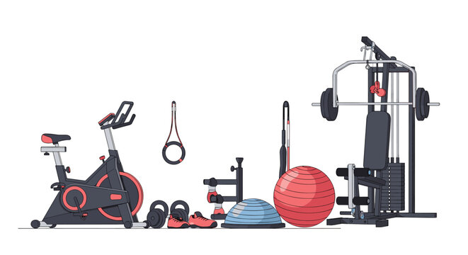 Variety of modern fitness equipment including a stationary bike, weights, stability ball, and multi-gym system on white background.