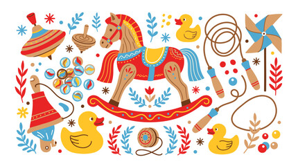 Naklejka premium Classic childhood and vintage toys design icons with rocking horse, marbles and jump rope for print in colorful illustration