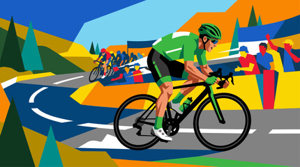 Fototapeta premium Cyclist in green jersey racing on mountain road, colorful abstract landscape background