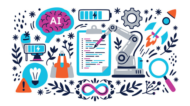 Artificial intelligence and robotics UI elements with robotic arm, brain and rocket for technology dashboard in flat colorful icons
