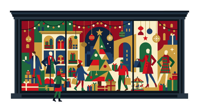 Christmas window display with shoppers and festive decorations, flat design style