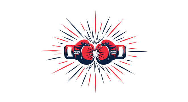 Two red and blue boxing gloves clashing together with a dynamic starburst impact effect to symbolize competition.