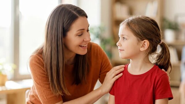 Woman comforting sad girl at home. Mother offering emotional support to upset daughter indoors. Family bond and child protection concept for international missing children day awareness