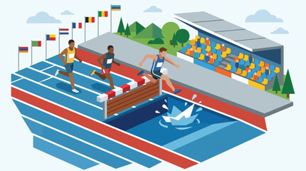 Athletes compete in steeplechase race on track with flags and stadium