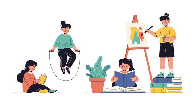 Group of active children engages in creative activities including reading books, jumping rope, and painting on an easel.