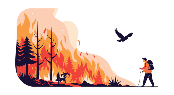 Hiker stops to witness a destructive forest fire burning ancient pine trees under a smoky sky with a bird flying.