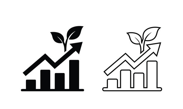 Green economy business growth icon vector set with plant leaf financial chart arrow silhouette isolated on white background