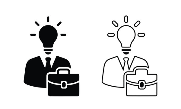 Business idea icon vector set with businessman lightbulb head and briefcase silhouette isolated on white background