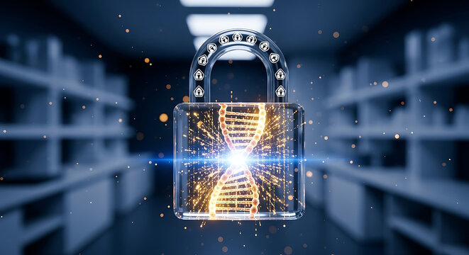 A conceptual medical scene illustrating HIPAA compliance and DNA privacy through a glowing padlock securing genetic data for highlevel security