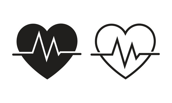 Heartbeat pulse icon vector set with heart rate ECG line silhouette and outline isolated on white background