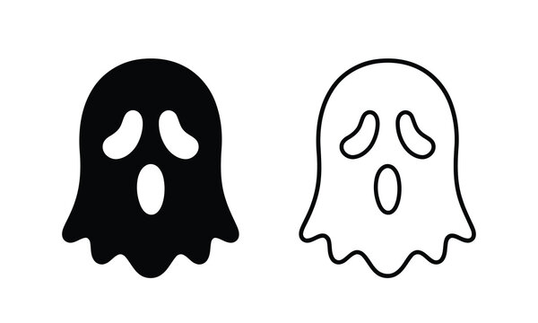 Halloween scary ghost icon vector set with spooky screaming silhouette and outline isolated on white background