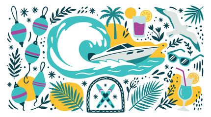 Obraz premium summer and vacation vector icons with boat, cocktail and sunglasses for mobile app design in colorful flat illustration style
