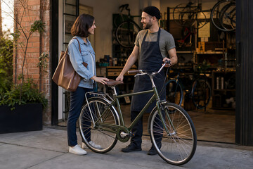 Fototapeta premium Mechanic returning a repaired city bicycle to a customer
