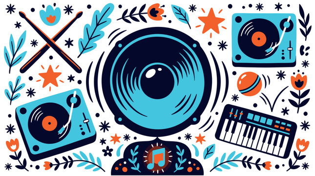 Music and sound production concept icons with speaker, turntable and keyboard for marketing design in colorful flat illustration style