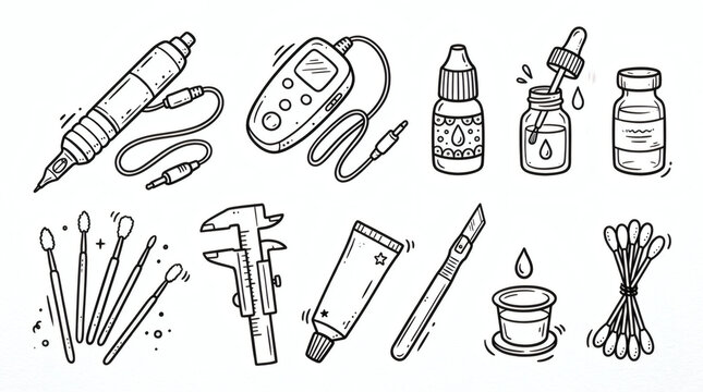 Set of playful hand drawn permanent makeup illustrations. Doodle drawings of pmu machines, pigments, microbrushes, calipers and numbing creams. Clean line art in retro style, isolated on white back