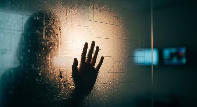 Concepts of privacy and hipaa compliance featuring a medical professionals hand against glass symbolizing data security and patient confidentiality