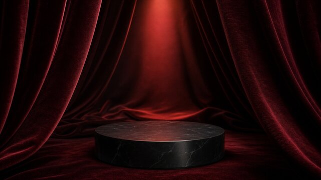 Empty marble podium against dark red velvet curtain background. Stage for product presentation or luxury display. Elegant spotlight illumination for commercial exhibition or event